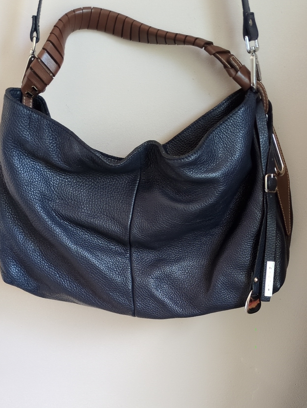 NICOLI Navy Leather Shoulder Bag with Brown Wrapped Handle